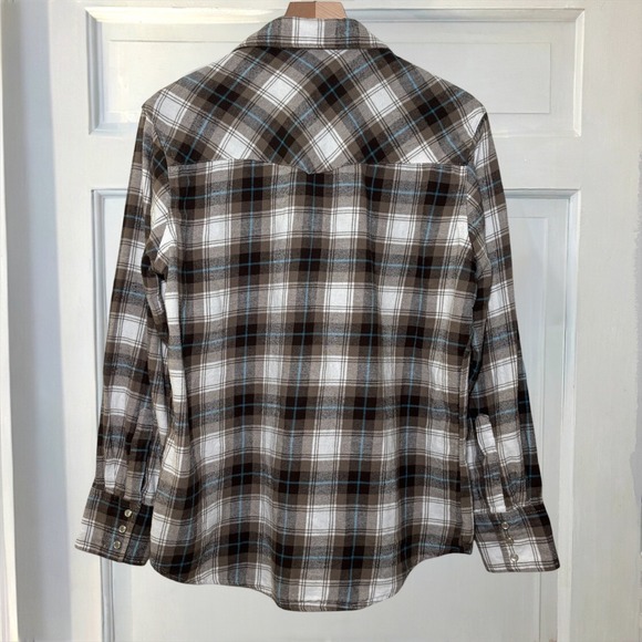 Wrangler Wrancher Flannel Shirt Mens L Pearl Snap Long Sleeve Brown Blue Plaid - Picture 5 of 8